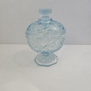 Vintage Crystal Ice Blue Covered Candy Dish